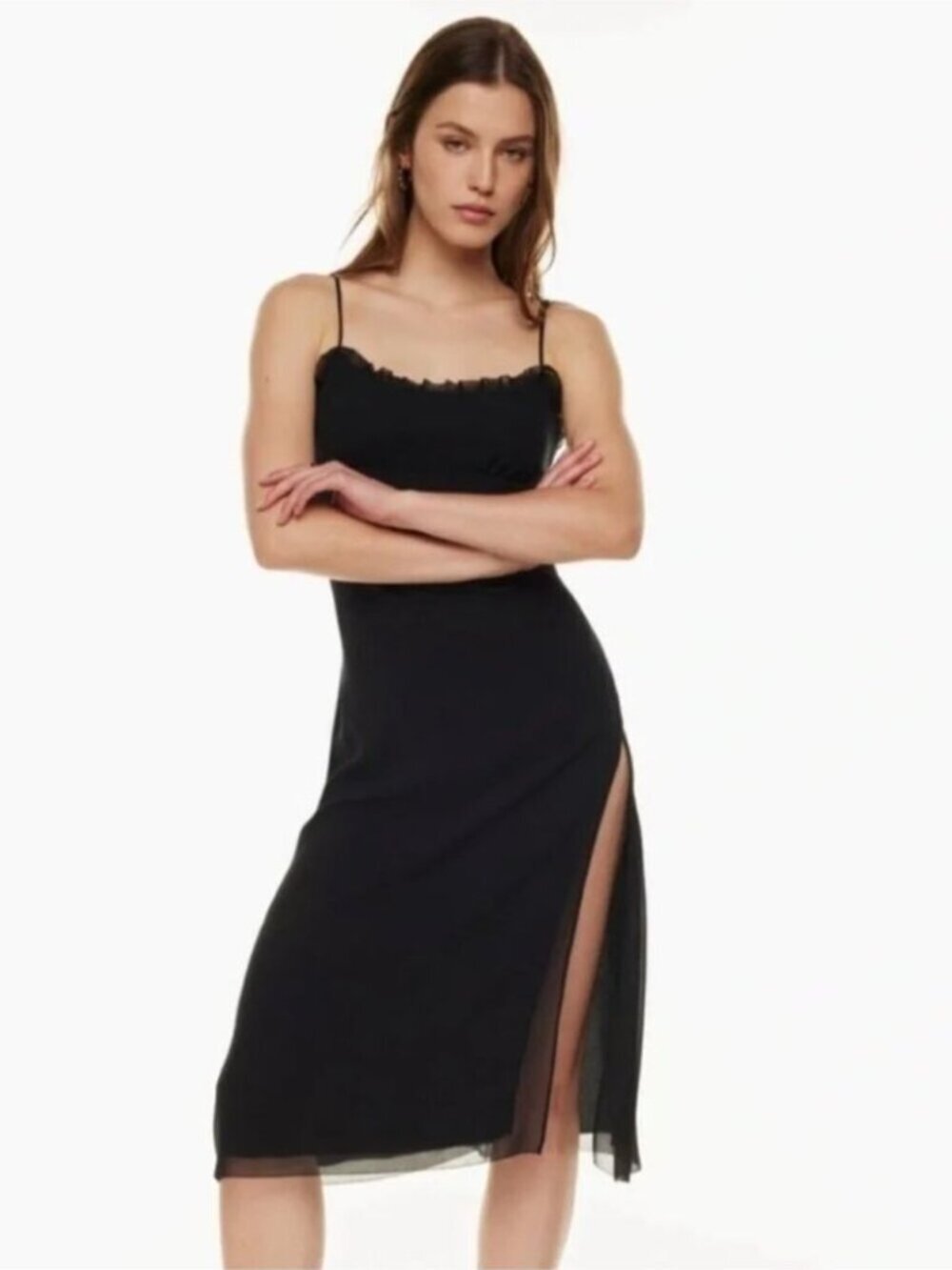 Aritzia Wilfred Sister Dress Chiffon Ruffle Trim Midi Slip Dress Black Size 00 - Picture 2 of 7